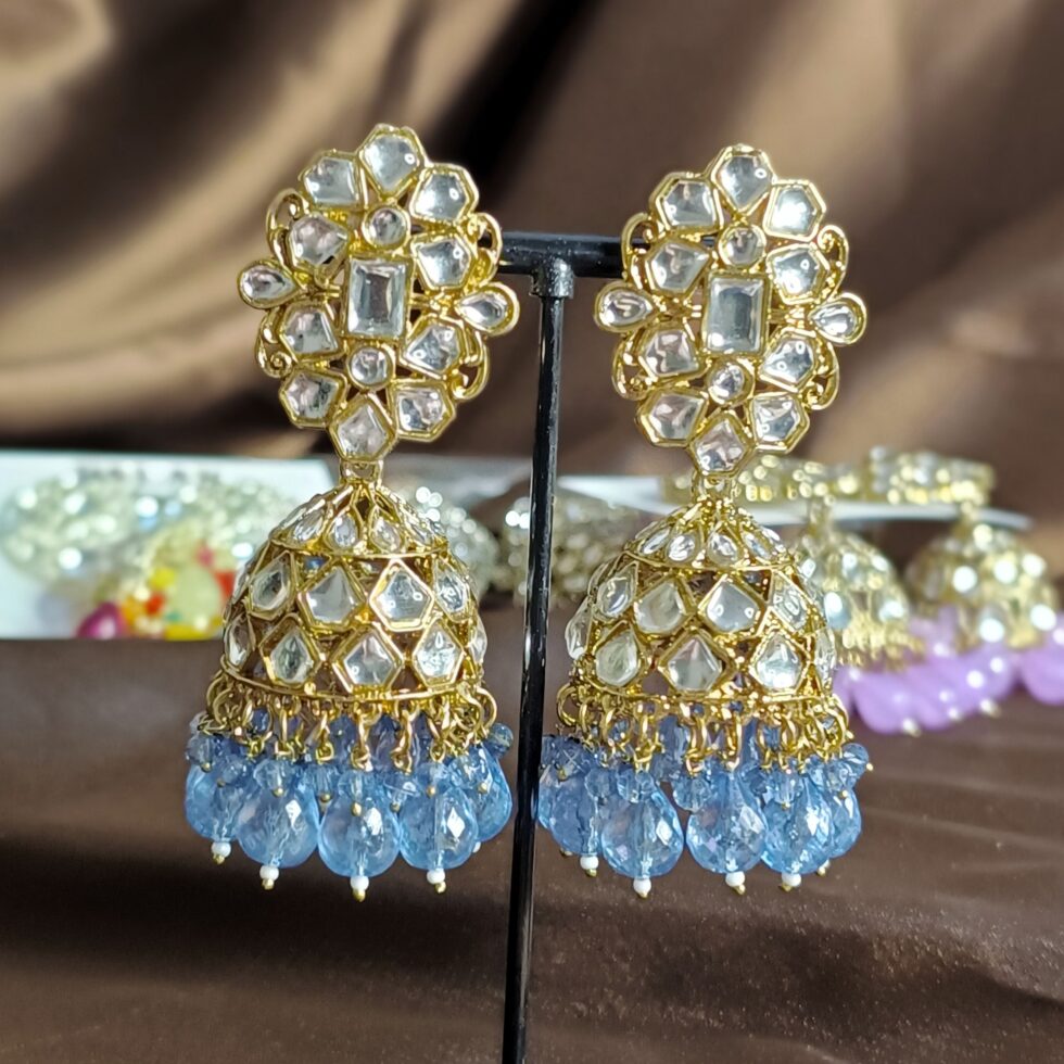 Afina Golden Jhumka Earrings with Blue Crystals-blingytrends.com