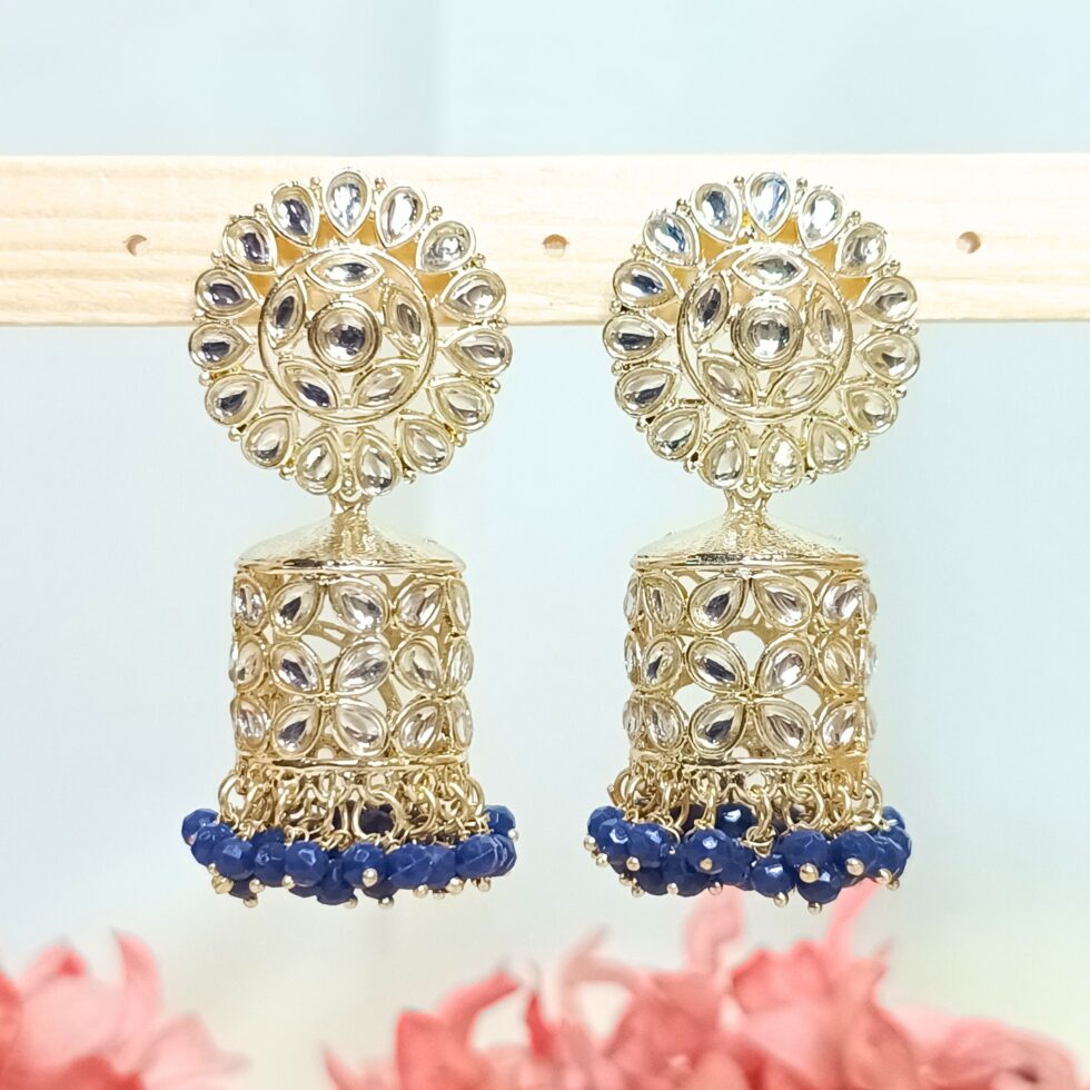 Nadia Kundan Meenakari Jhumka Earrings - Blue-blingytrends.com