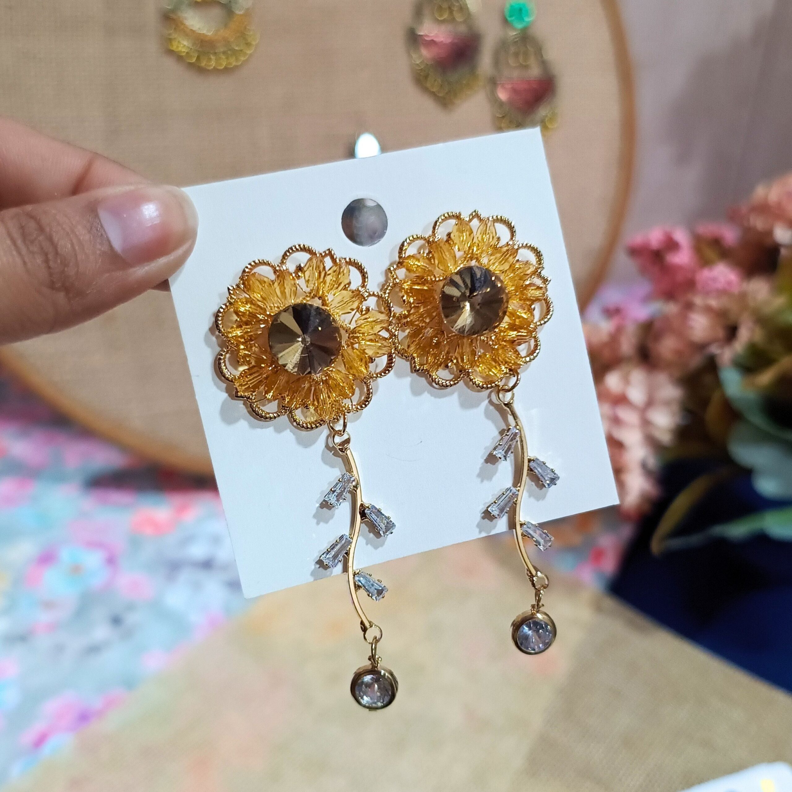 Sunflower Sparkle Floral Danglers-blingytrends.com